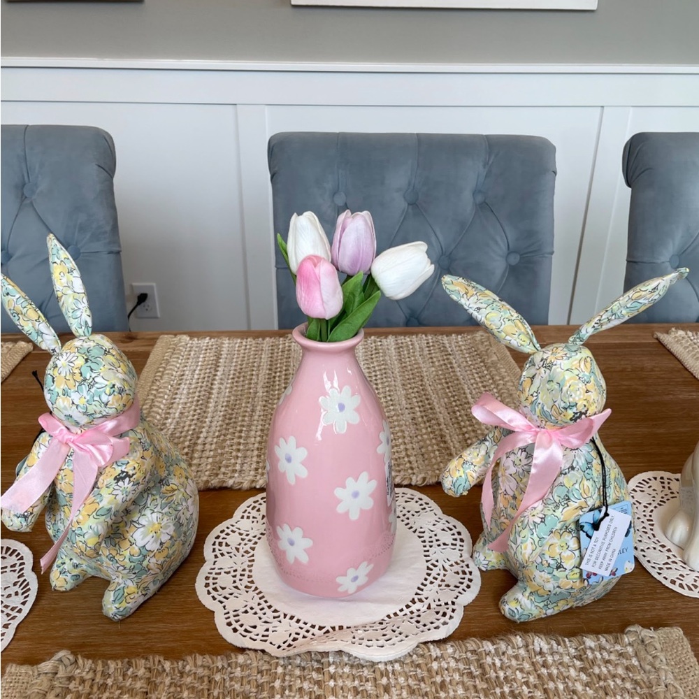 Floral Bunny Decor with Pink Vase